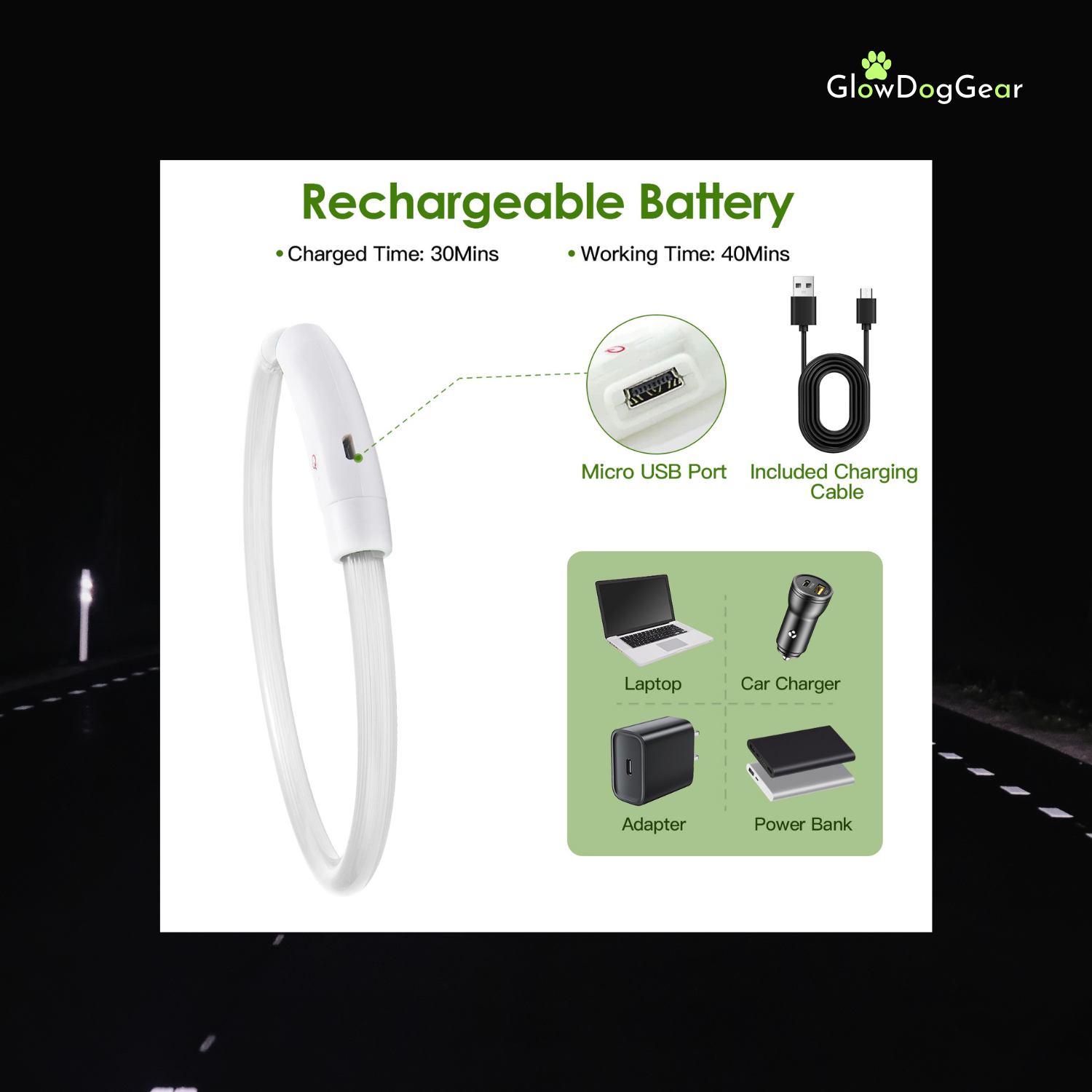 GlowDogGear LED Glow Strip Dog Collar – Cut-to-Fit & USB Rechargeable